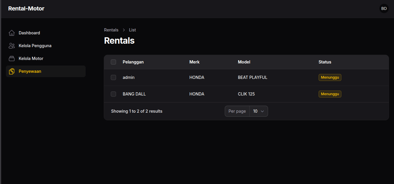 Rental Motor - Rentals Management