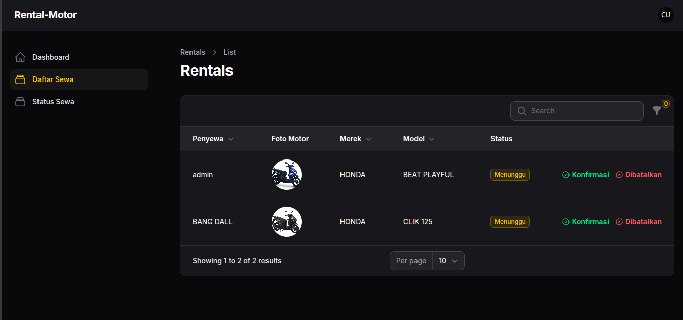 Rental Motor - Kasir Daftar Sewa