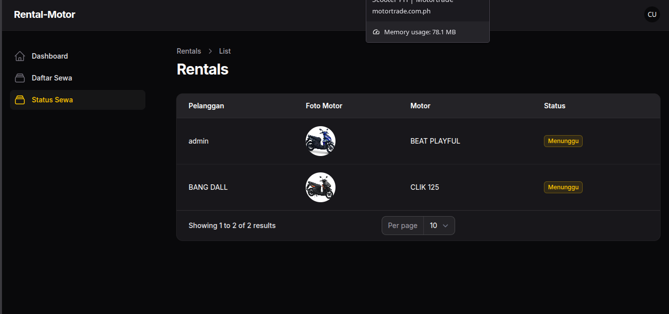 Rental Motor - Kasir Status Sewa